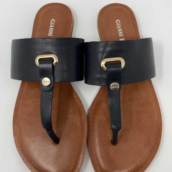 GIANNI BINI Women's Thong Black Leather Flat Sandals FAIRISS 6M - Picture 2 of 13